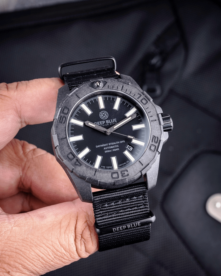 DEEPBLUE Daynight Stealth Ops, Black Dial, Blue Tubes Watch - BangOn
