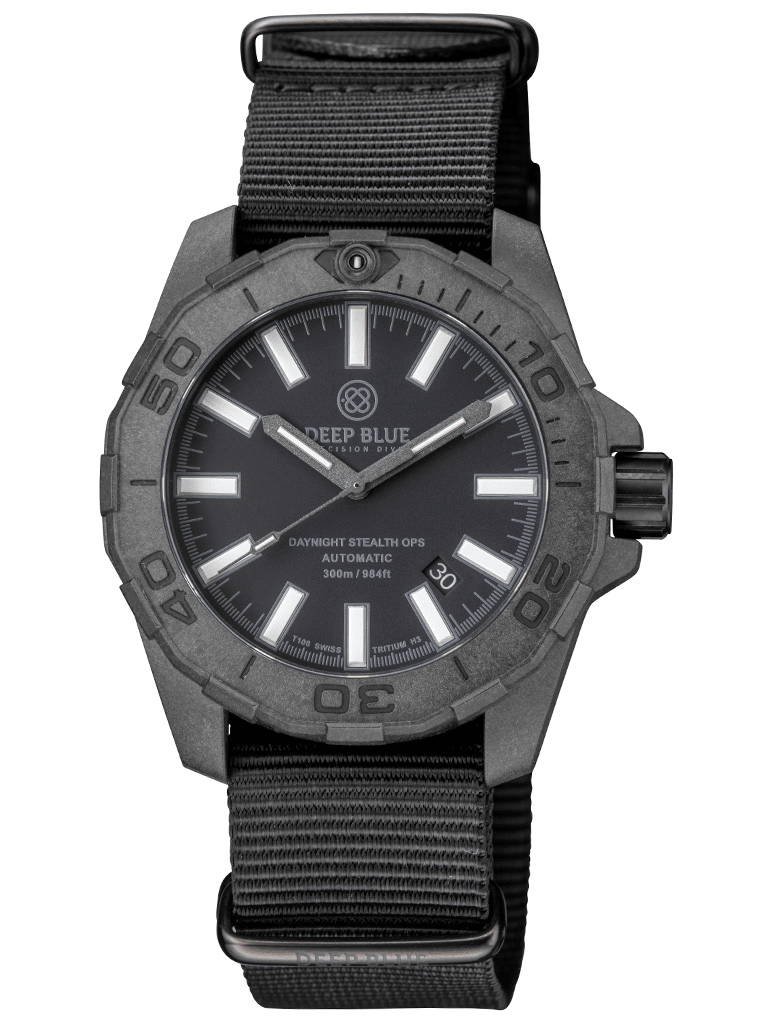 DEEPBLUE Daynight Stealth Ops, Black Dial, Blue Tubes Watch - BangOn