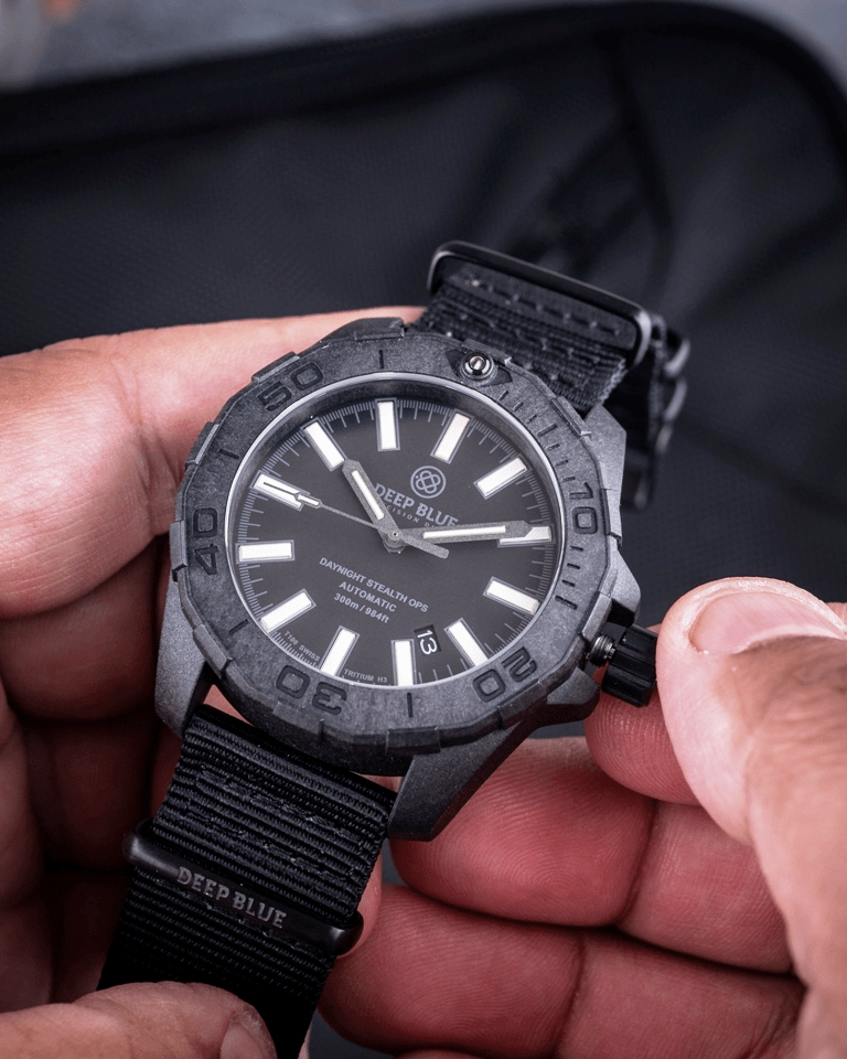 DEEPBLUE Daynight Stealth Ops, Black Dial, Green Tubes Watch - BangOn